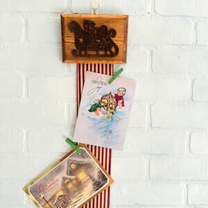 Christmas Holiday Card Holder Brown Sleigh Wooden Topper Red Striped Ribbon